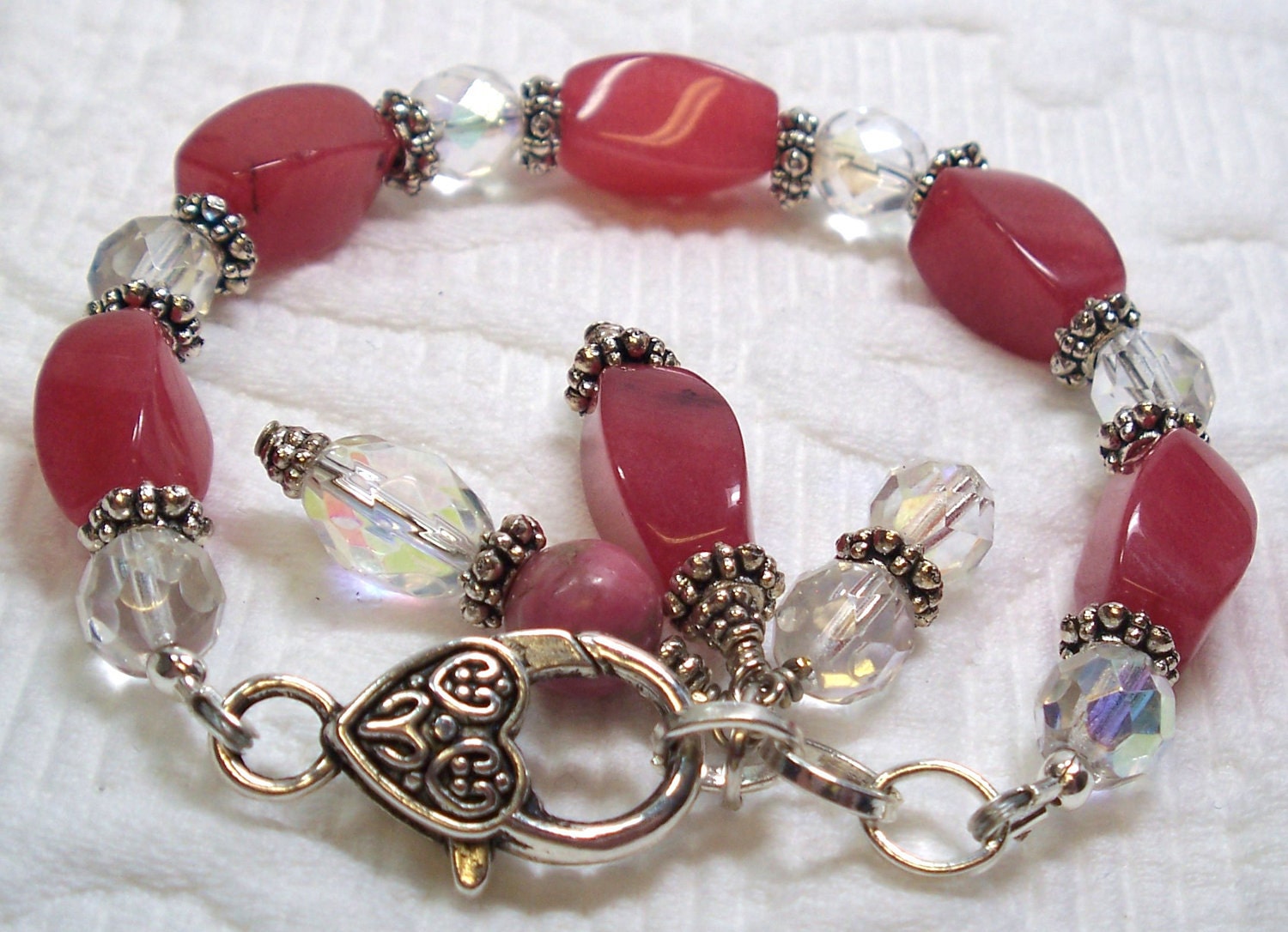 Pink Rose Rhodonite Twist, Crystal and Silver Bracelet