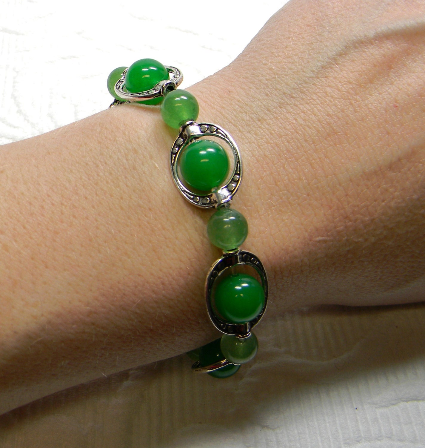 Green Jade and Silver Bead Frame Stretch Bracelet