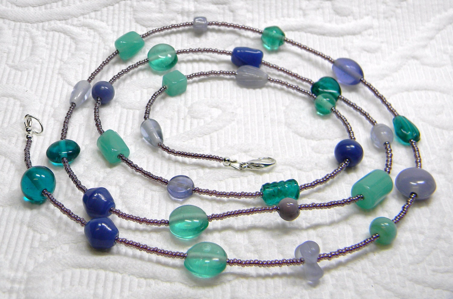 Opera Length Teal and Purple Glass, Seed Bead and Silver Necklace