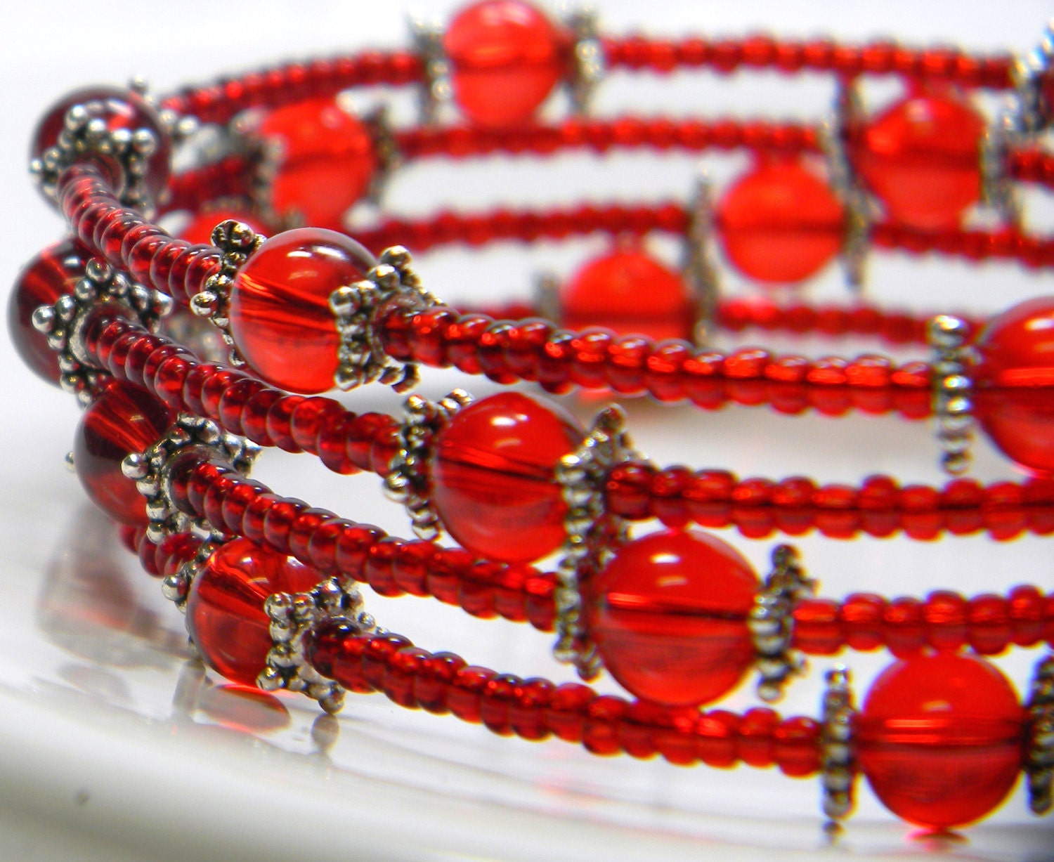 Red Glass and Silver Memory Wire Bracelet
