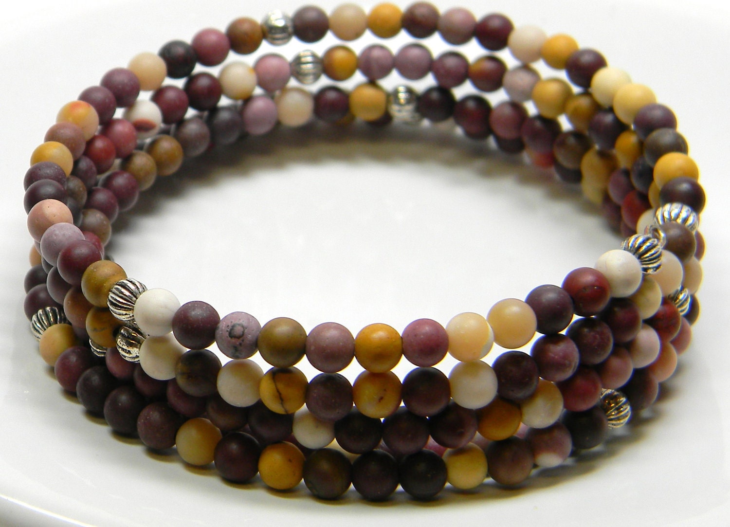 Multi Colored Moukaite Stone and Silver Round Memory Wire Bracelet