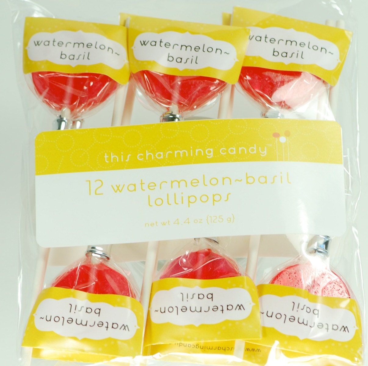12 Watermelon Basil Lollipops - gourmet hard candy suckers- red pink lollipops