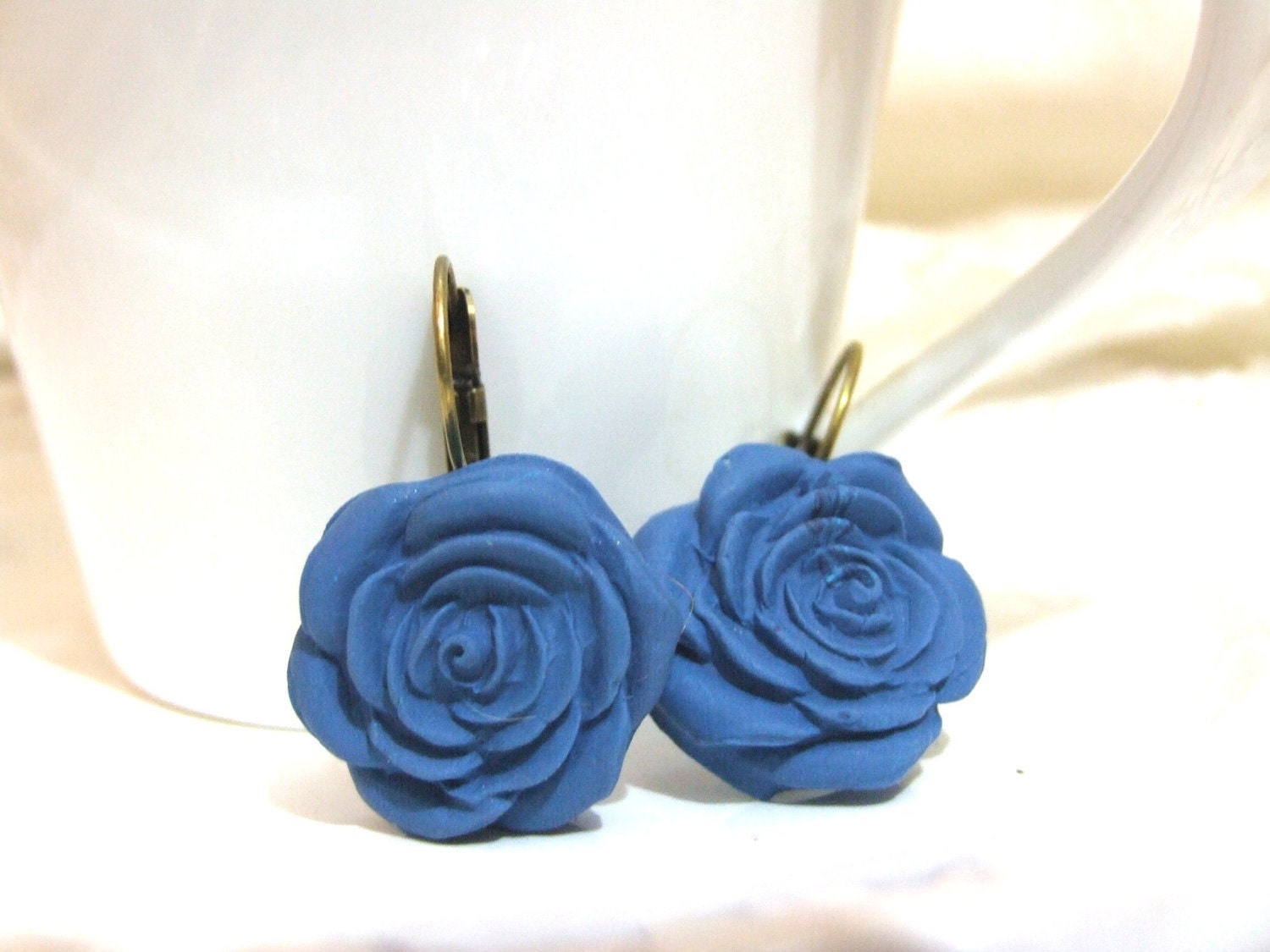 Big blue polymer clay rose antique earrings