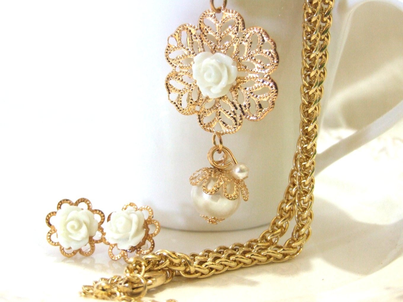 Golden romantic bridal filigree white roses cabochon set necklace and post earrings