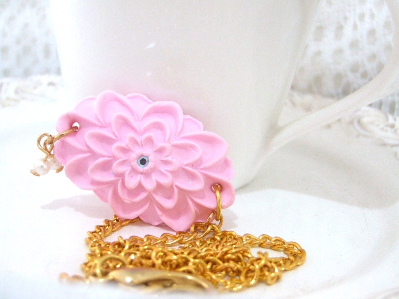 Necklace - vintage polymer clay golden cabochon necklace in pink
