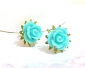 Turquoise teal rose cabochon post earrings