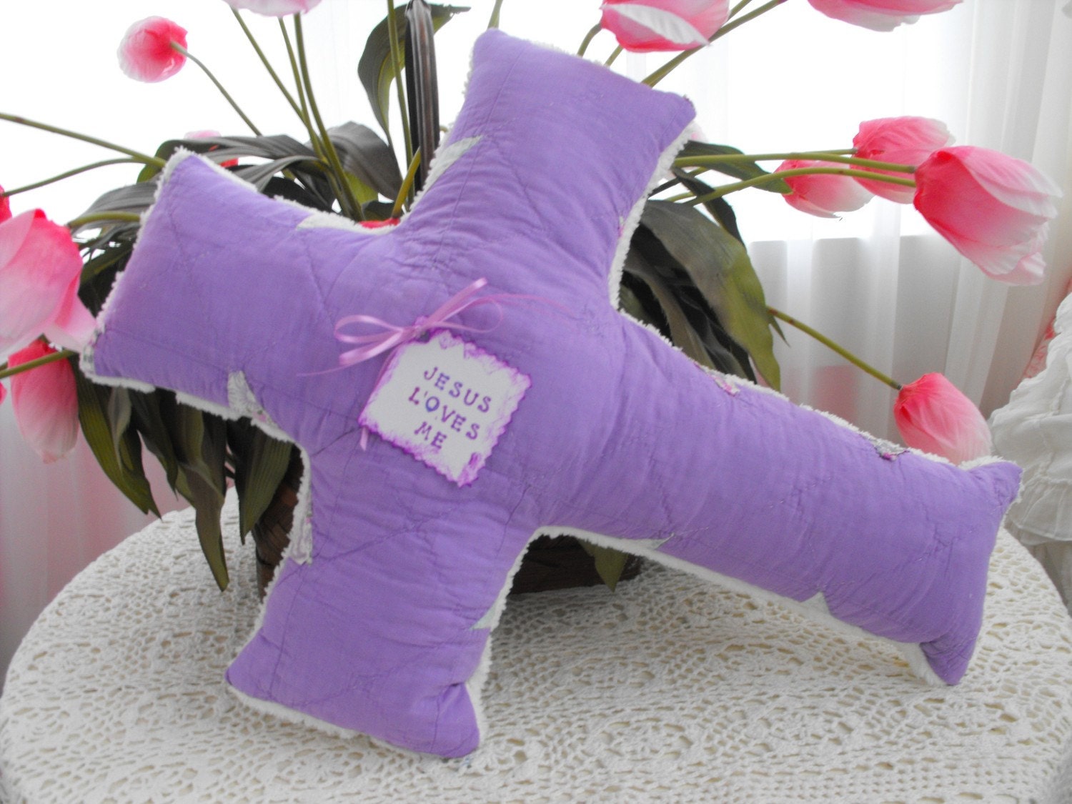 Vintage Chenille And Vintage Quilt Cross Pillow