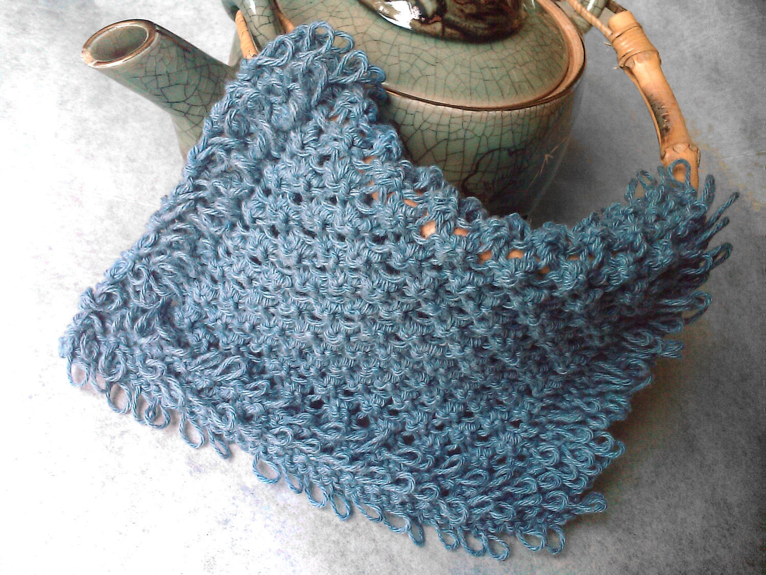 Knit Denim Blue Dish Cloth With Shaggy Trim