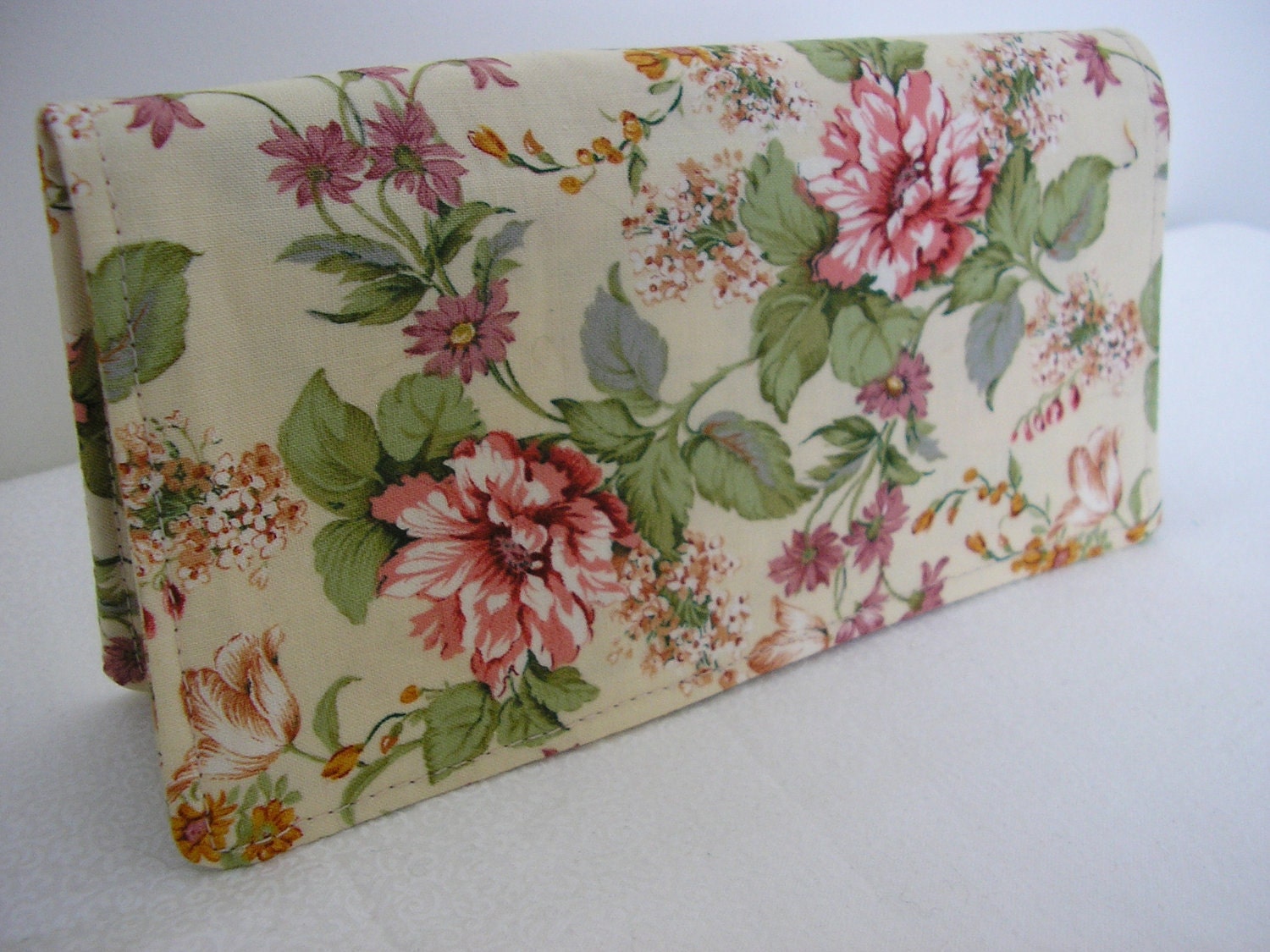 Handmade Checkbook Cover - Floral on cream
