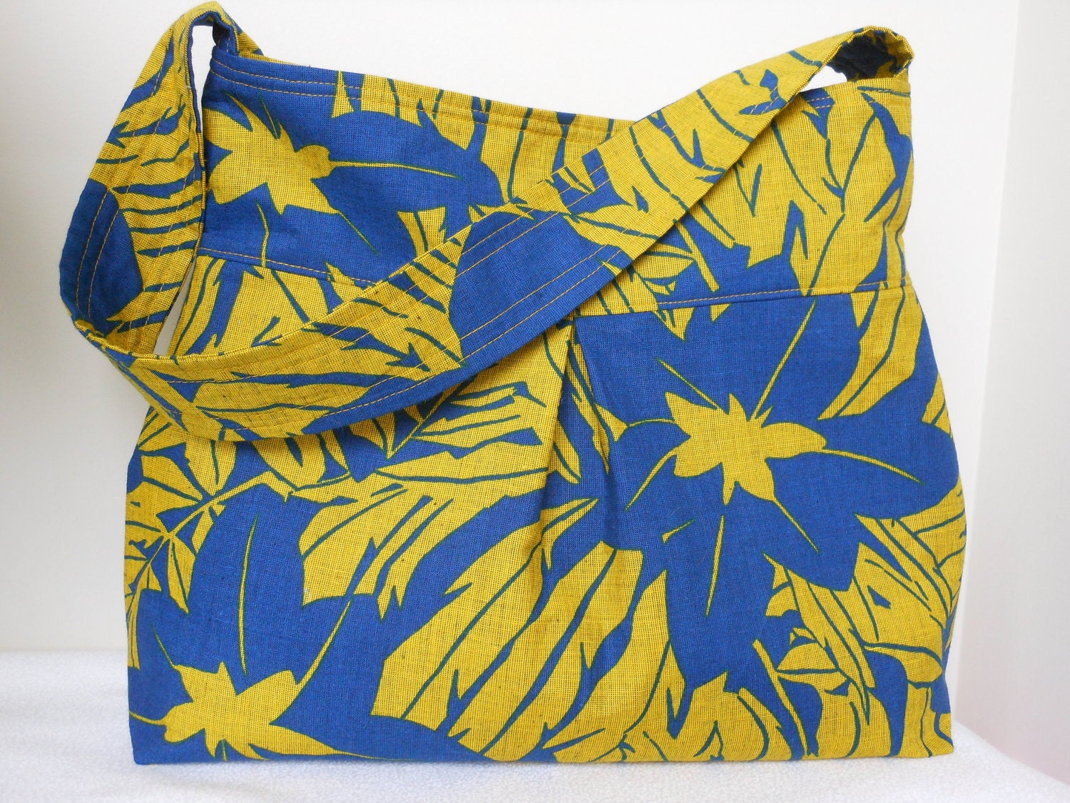 FREE SHIPPING - Large  Diaper Shoulder Bag, Key Fob, 4 Pockets- Large Blue Floral on Yellow Mustard - Ready to Ship