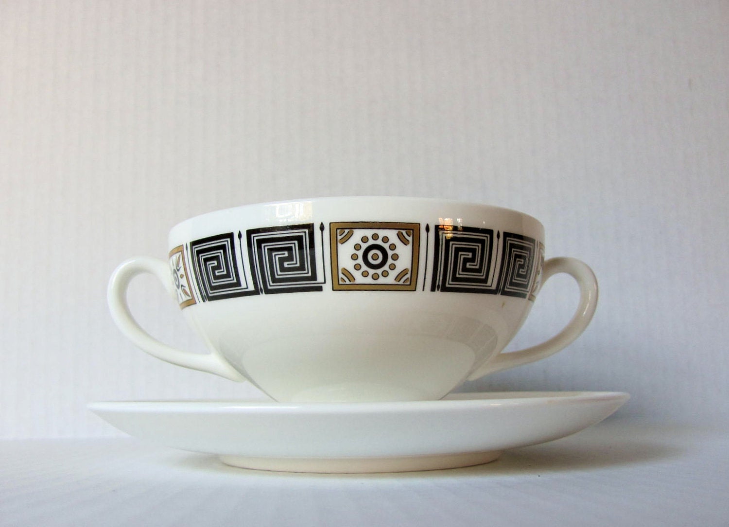Wedgwood China Cream Soup Bowl and Saucer Asia Black Gold White Greek Key