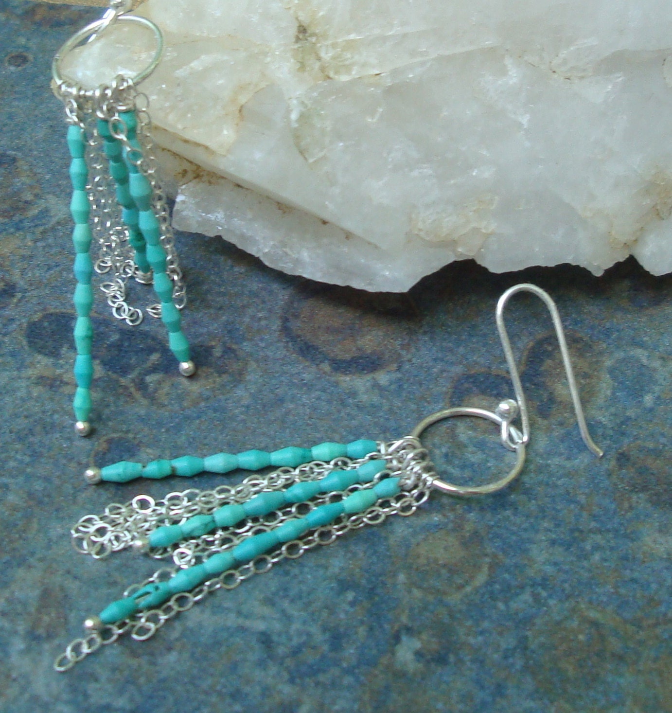 Natural Turquoise Blue Waterfall Sterling Silver Dangle Chain Earrings Circle Light Round Hand Forged