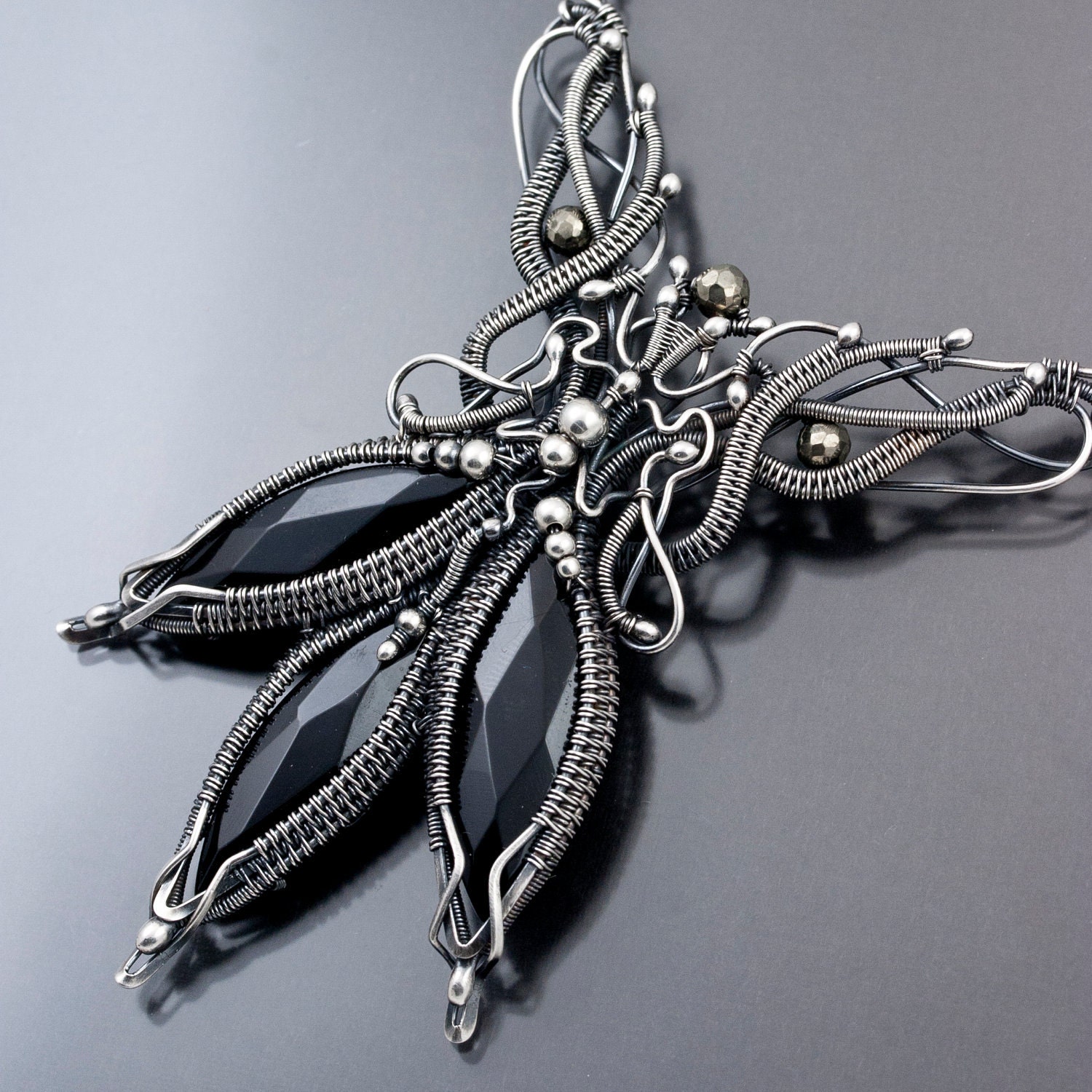 Black Onyx Necklace, Fine Silver Wire Weave Necklace - Lotus