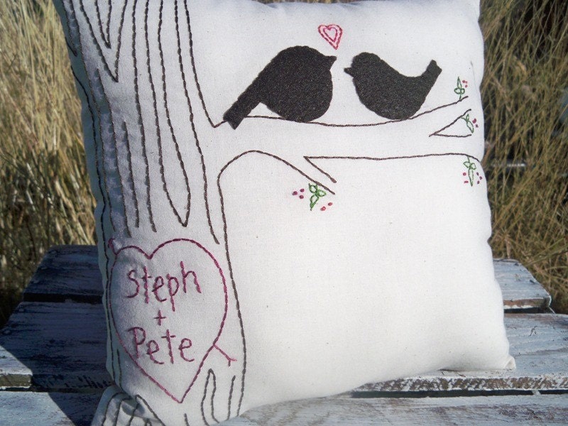 Large Personalized Love Bird Pillow with Faux Bois Stitching