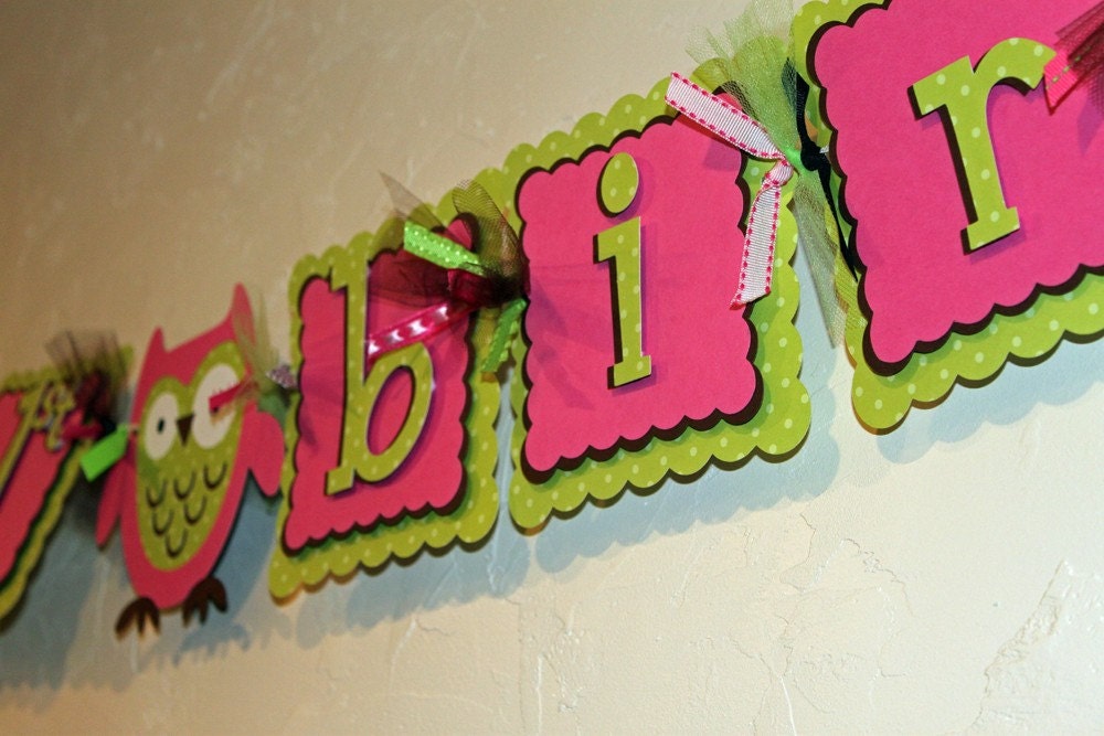 Owl Happy Birthday and age Banner Pink, Green, and Brown