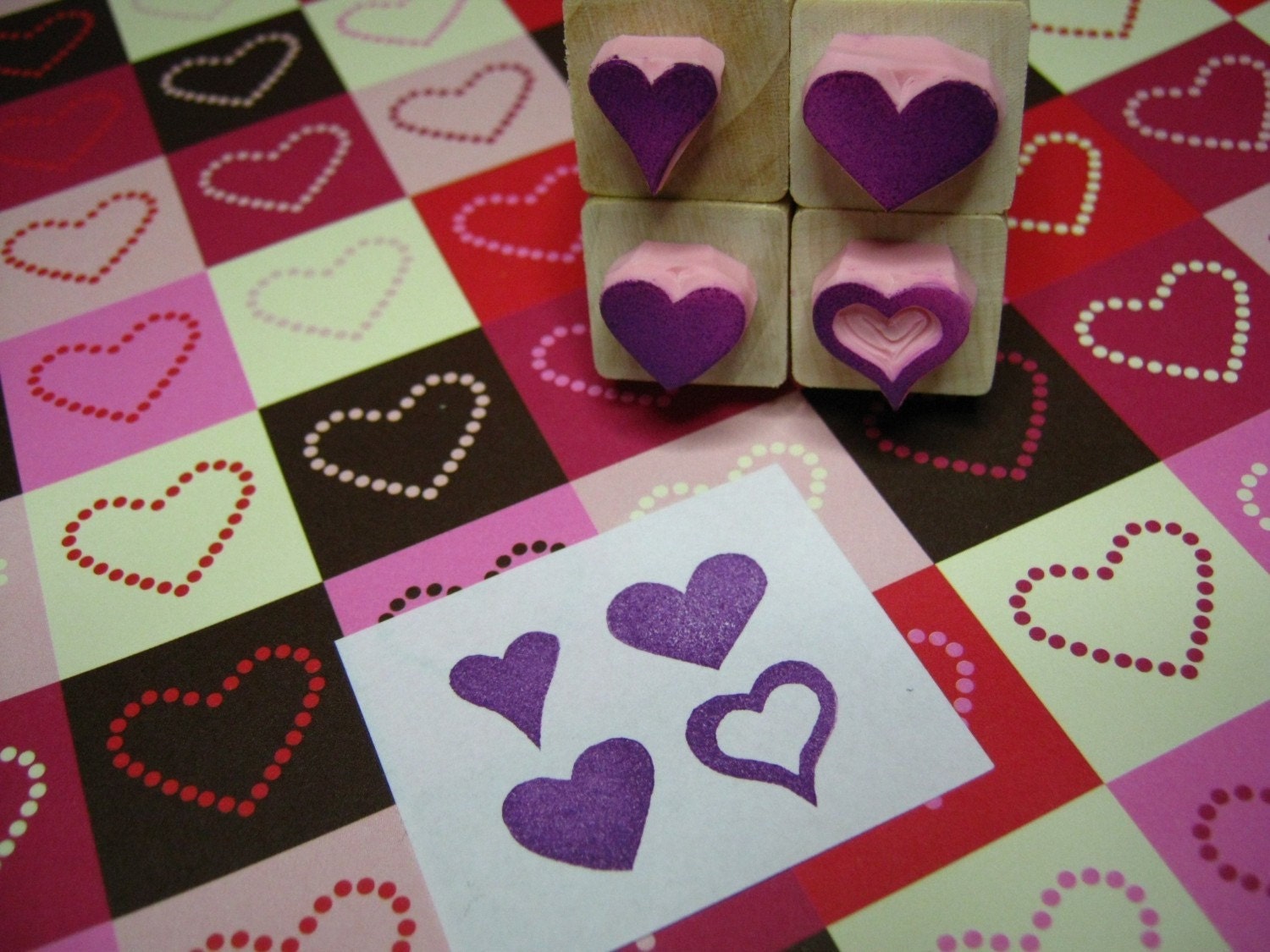 Set of 4 mini hearts - Hand Carved Rubber Stamps