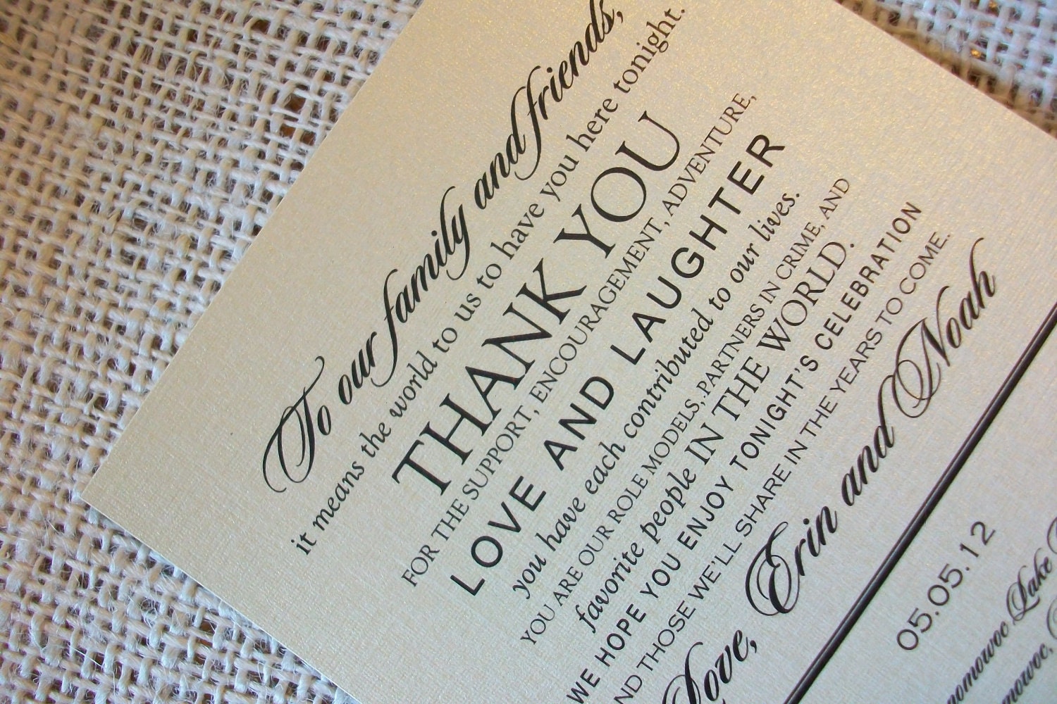 Wedding Menu Card - Thank You Design - Shimmer Cardstock - 1.00 each