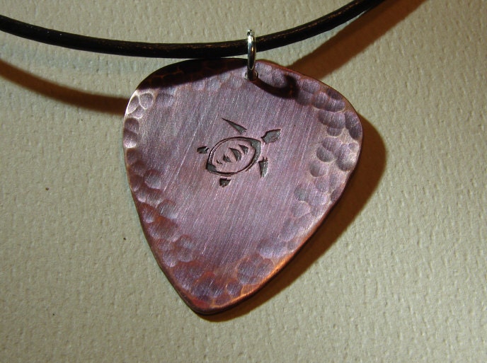 Copper Guitar Pick Pendant with Sea Turtle in Iridescent Purple Blue