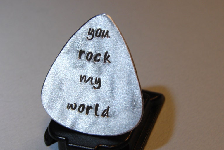 Guitar Pick Handmade Aluminum with You Rock my World in Lower Case