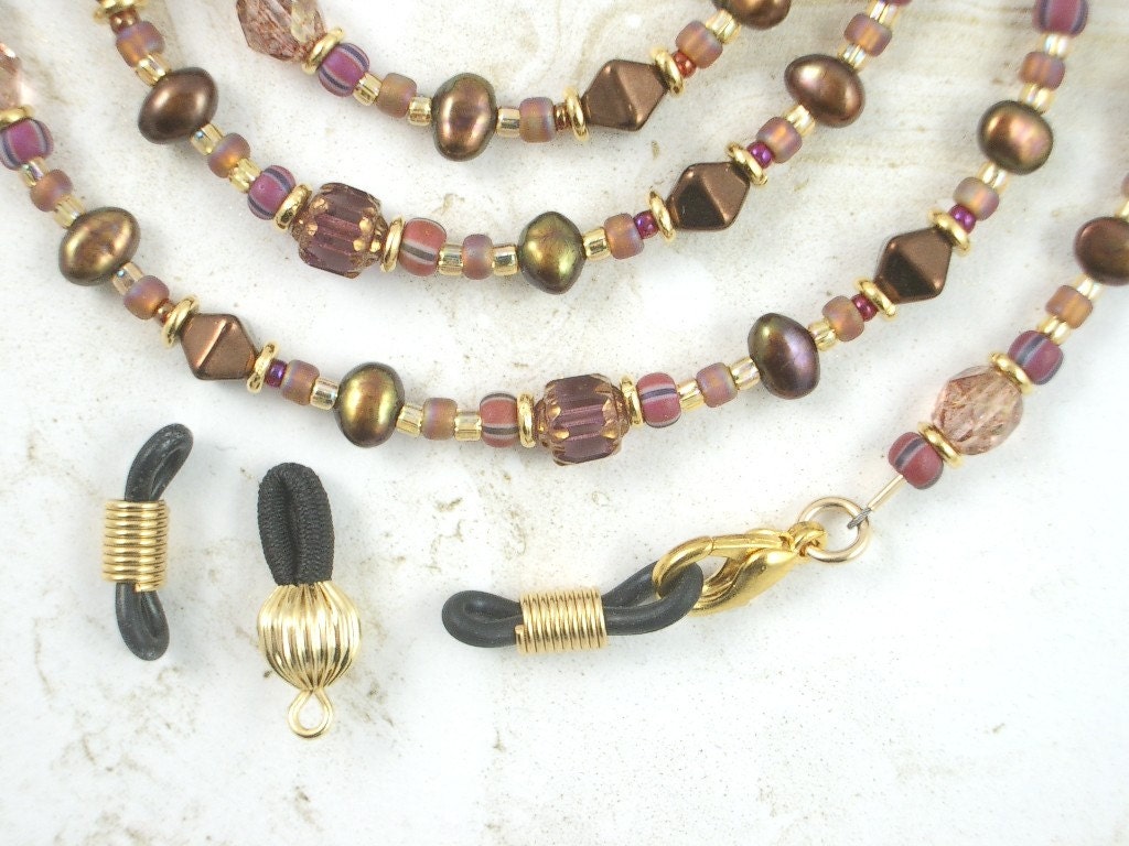Eyeglass Chain - Desert Sunset with Coppery Browns, Golds, Terracotta, Amber, and Lavender - Extra Ends Included