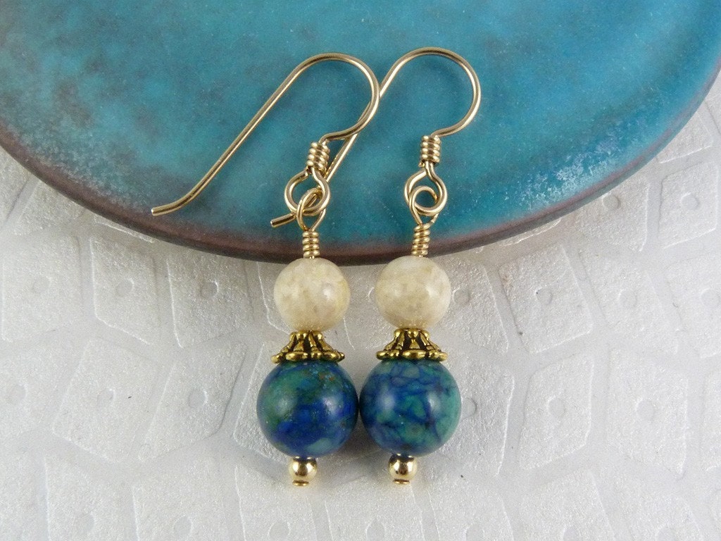 Azurite Malachite and Riverstone Earrings with Blue, Green, Teal, Turquoise, Ivory, and Gold