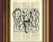 Upcycled OCTOPUS art print illustration beautifully upcycled dictionary page book art print altered