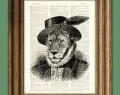 Sir Walter Lion Big Cat illustration beautifully upcycled dictionary page book art print