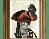 Cat Sparrow Swashbuckling PIRATE KITTY illustration beautifully upcycled dictionary page book art print