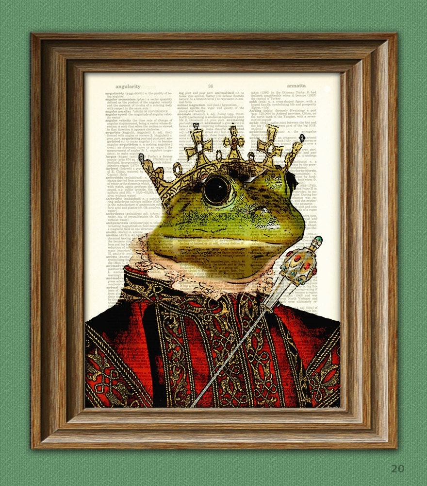 Never Been Kissed royal KING FROG illustration beautifully upcycled dictionary page book art print