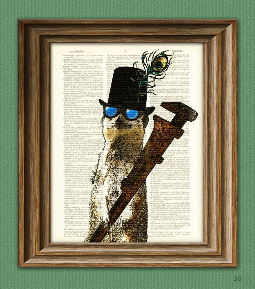 Steampunk Animals Collection Cogsworth the STEAMPUNK MEERKAT Mechanic with a Massive Monkeywrench dictionary page book art print
