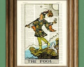 The Fool Major Arcana Tarot Card print over an upcycled vintage dictionary page book art