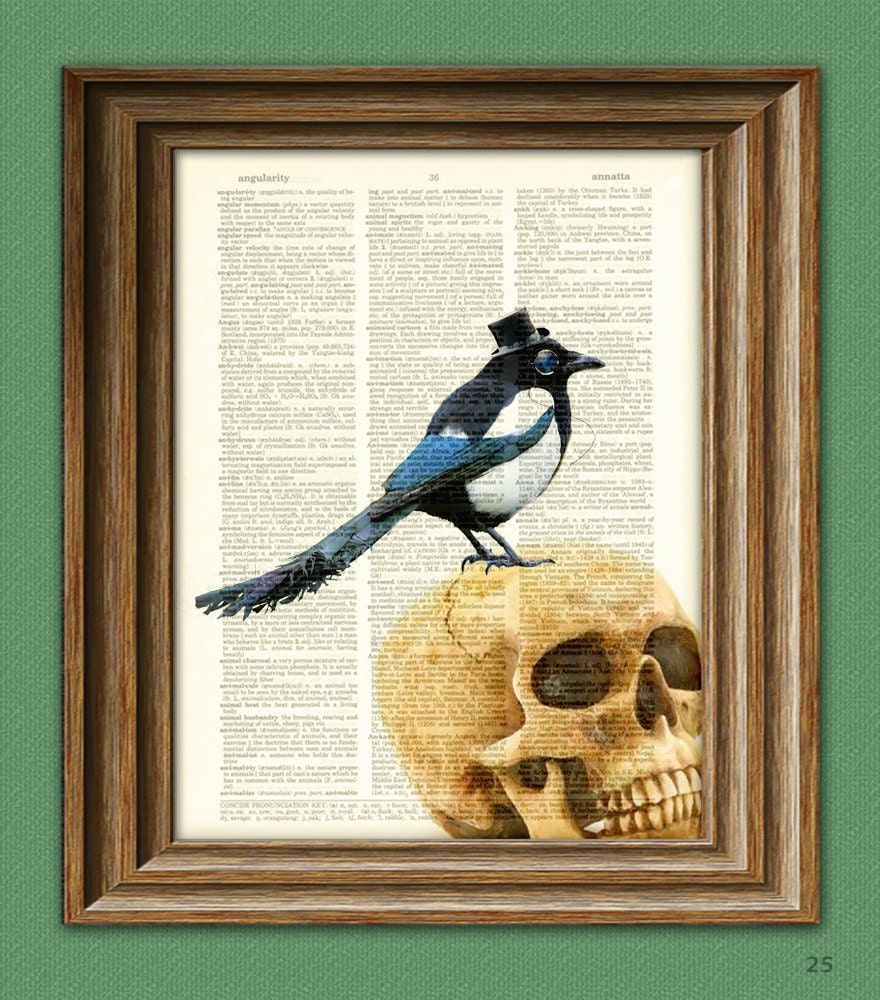 Bird Magpie Gothic Art Print Guv'nor Godfrey Gothic MAGPIE with hat and monocle on a skull dictionary page illustration book print