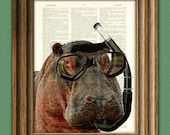 Hippo Art Print Diver Down snorkel hippotamus illustration beautifully upcycled dictionary page book art print