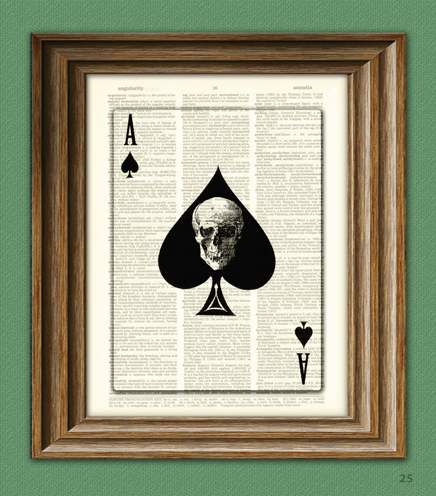 Ace of Spades Playing Card with Skull print over an upcycled vintage dictionary page book art