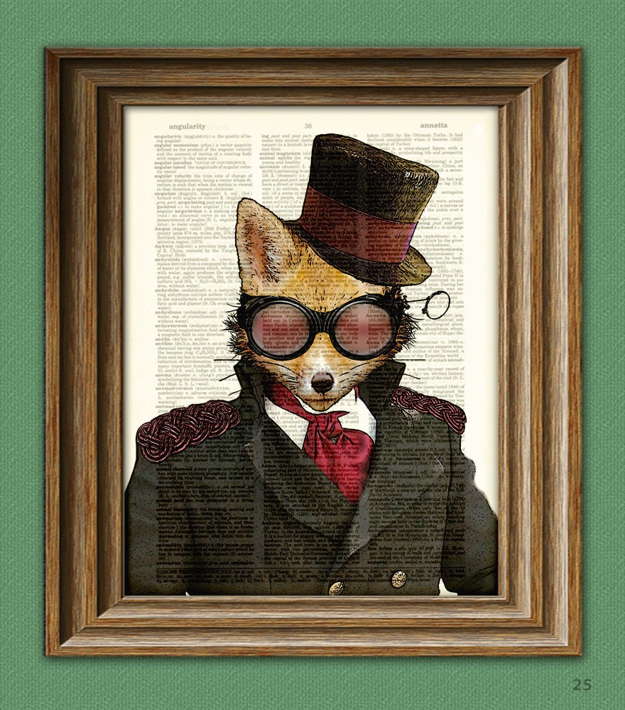 Steampunk Art Print Admiral Fox illustration beautifully upcycled dictionary page book art print