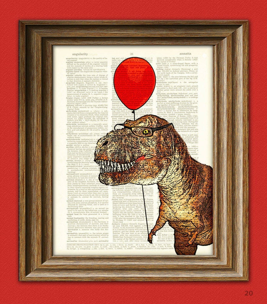 T-Rex with Balloon "Little Tony's First Carnival" Dinosaur art print beautifully upcycled dictionary page book art print