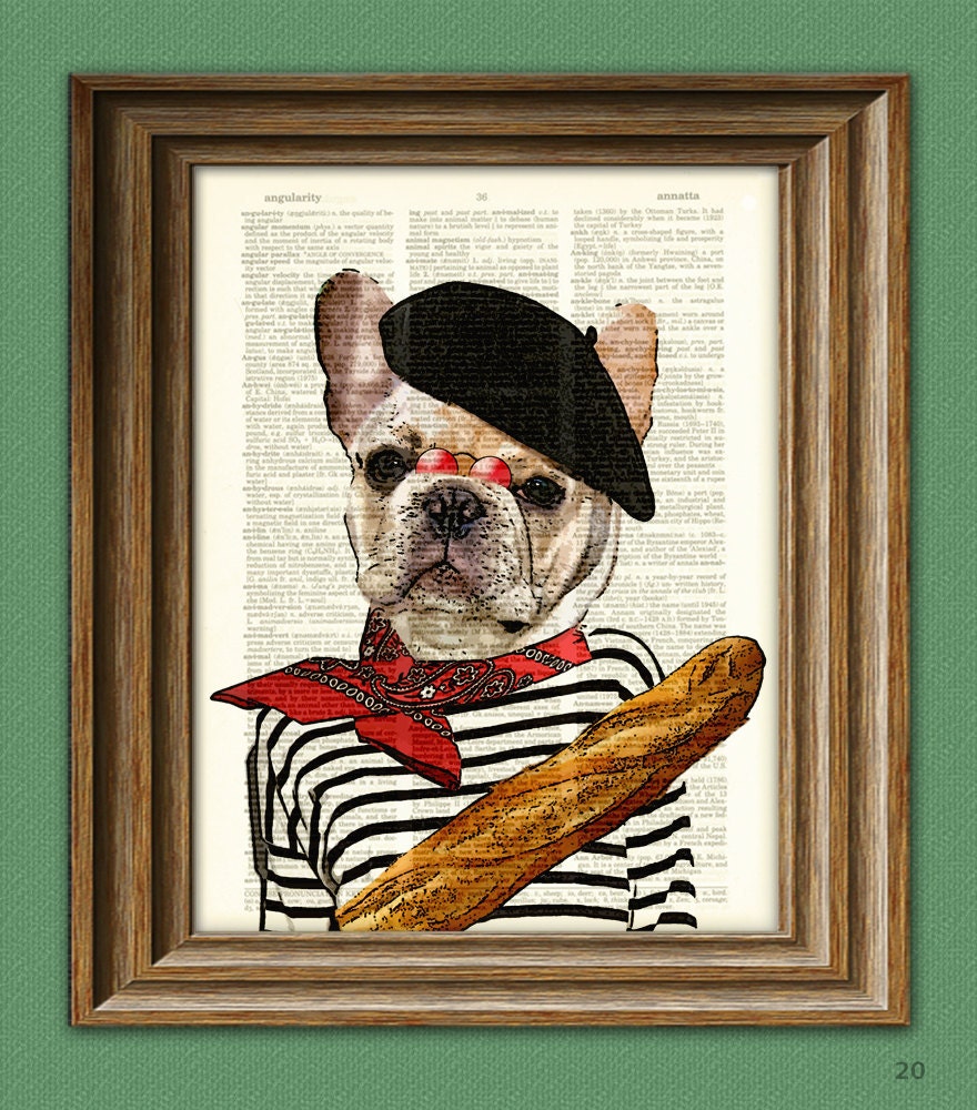 Pierre the French Bulldog dog with beret and baguette illustration beautifully upcycled dictionary page book art print