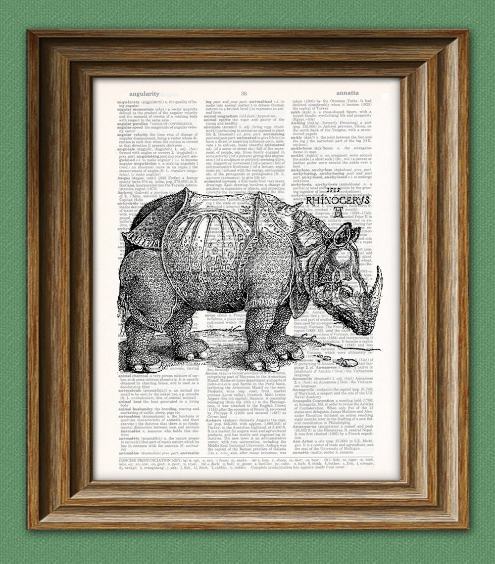 RHINOCEROS beautifully upcycled vintage dictionary page book art print 8.5 x 11 altered