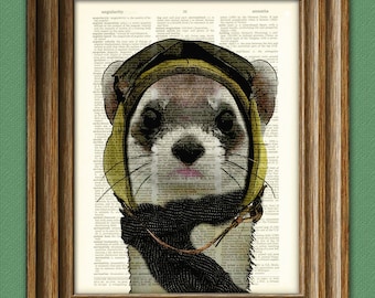 Bombardier Bob STEAMPUNK PILOT FERRET fighter ace hat and goggles illustration beautifully upcycled dictionary page book art print