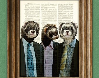 Ferret Art Print A Business of Ferrets illustration Animal Groups Collection upcycled dictionary page book art print