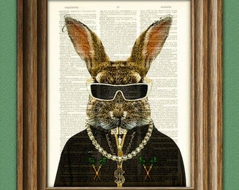 Hip Hop Rabbit 'MC Hippity Hop' Bunny with iced out bling and grillz illustration beautifully upcycled dictionary page book art print