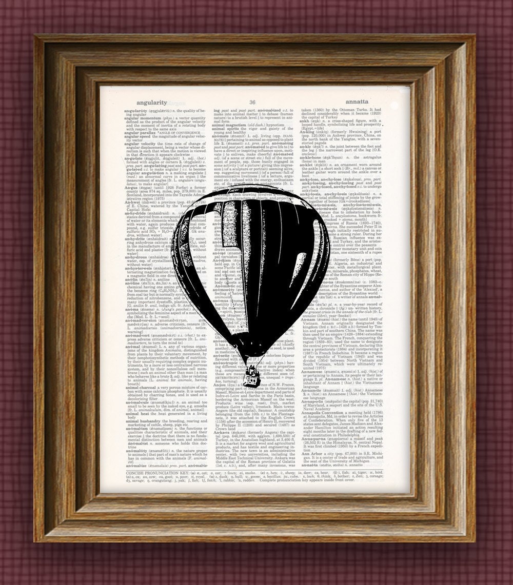 Hot air balloon beautifully upcycled dictionary page book art print 8.5 x 11
