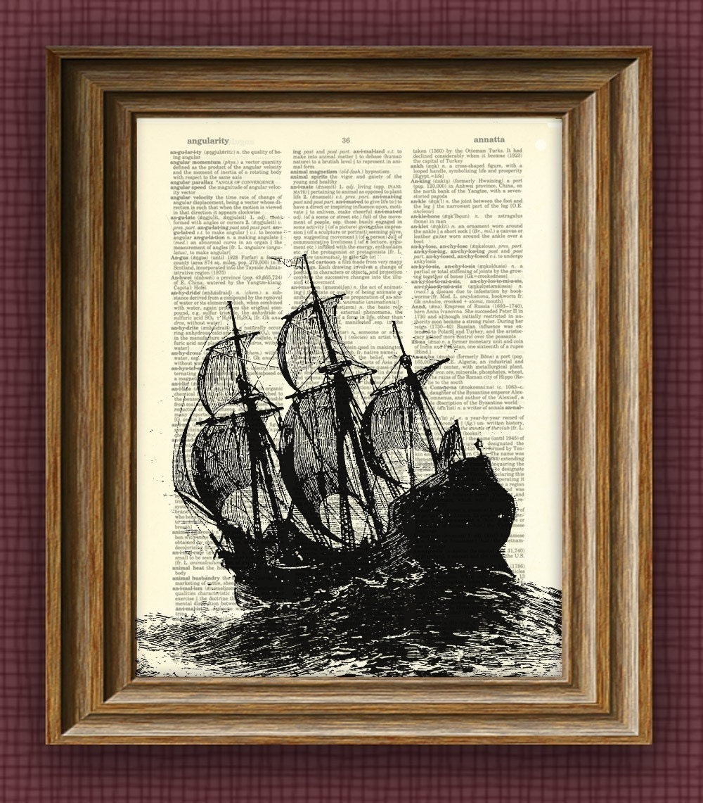GALLEON Ship at sea illustration beautifully upcycled dictionary page book art print