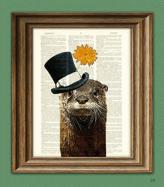 The River Gentleman OTTER with a top hat and flower illustration beautifully upcycled dictionary page book art print Buy 3 get 1 Free