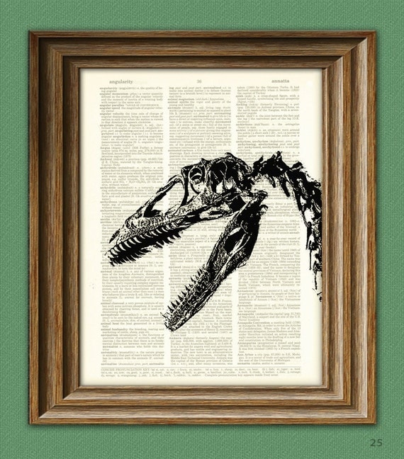 EEEK Velociraptor dinosaur skeleton skull beautifully upcycled history animal dictionary page book art print
