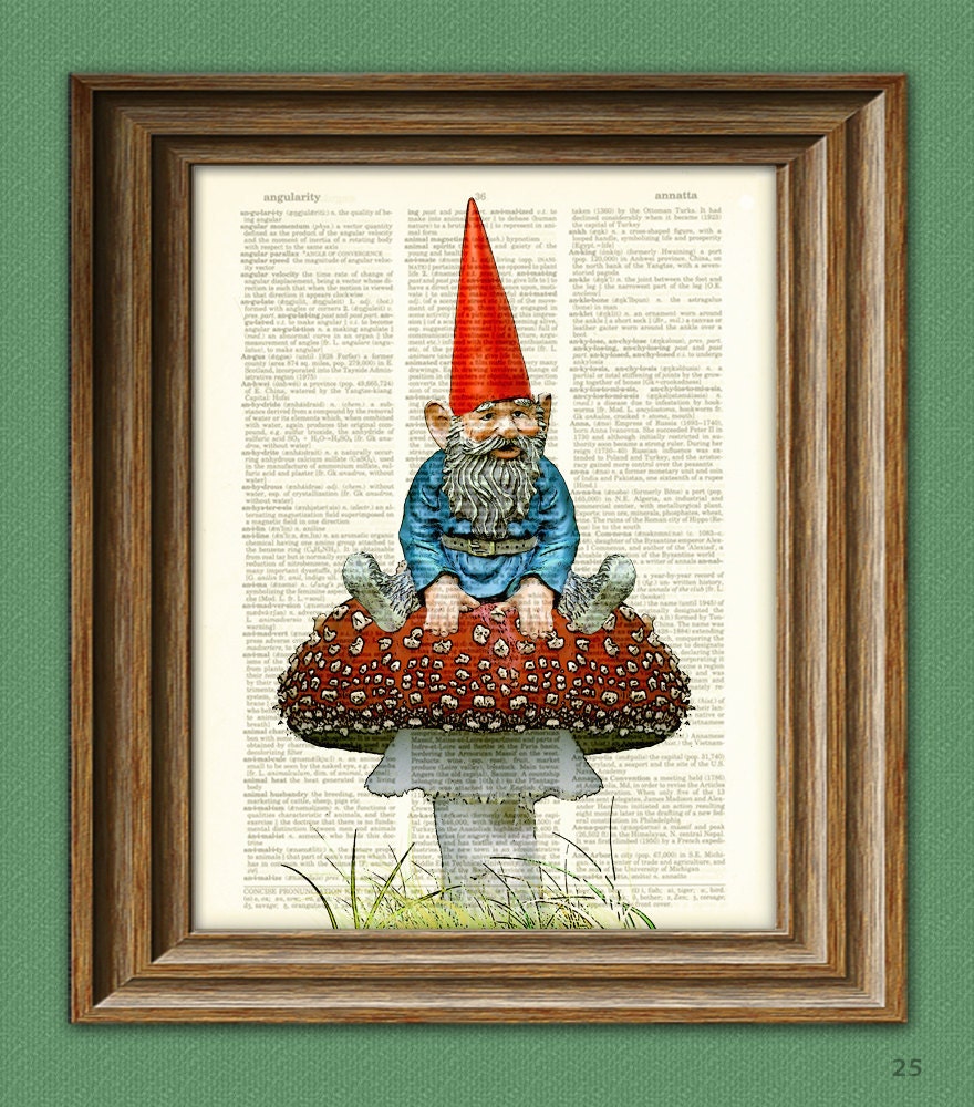 Old Garden Gnome chilling on a toadstool illustration beautifully upcycled dictionary page book art print