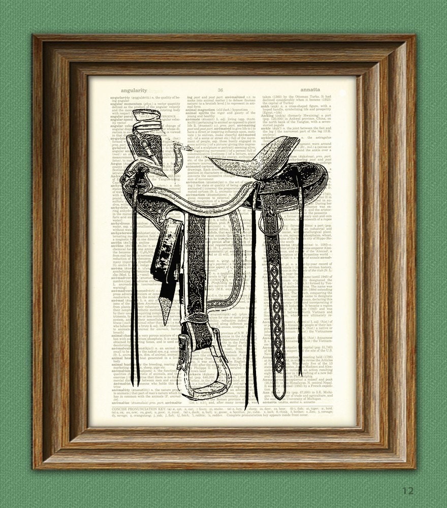 HORSE SADDLE illustration beautifully upcycled dictionary page book art print