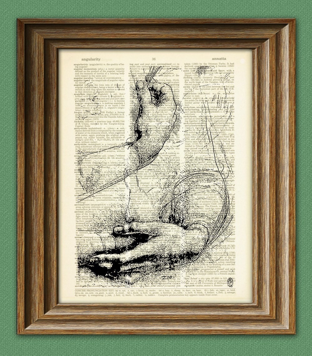 Study of Arms and Hands from Leonardo da Vinci sketch on vintage dictionary page book art print Davinci