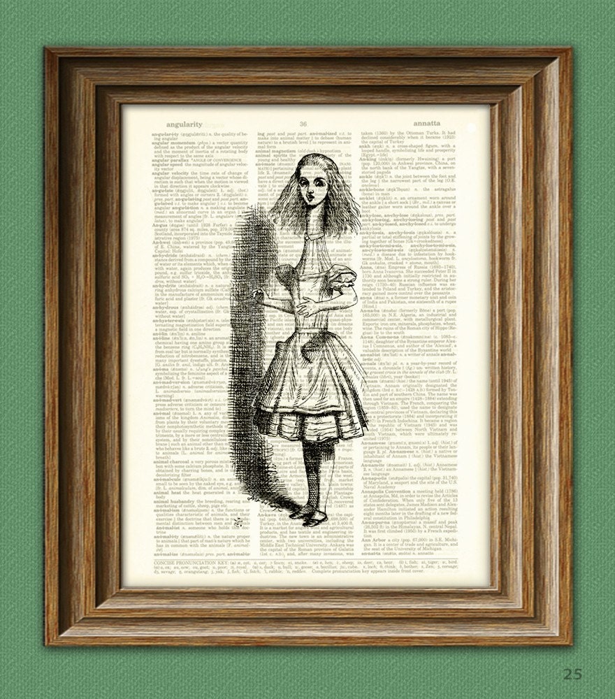 ALICE GROWS TALL with shadow Alice in Wonderland beautifully upcycled vintage dictionary page book art print