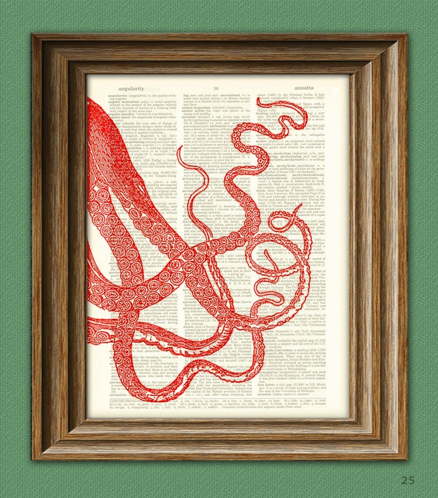 Sea Monster Art Print Red Tentacles llustration beautifully upcycled dictionary page book art print